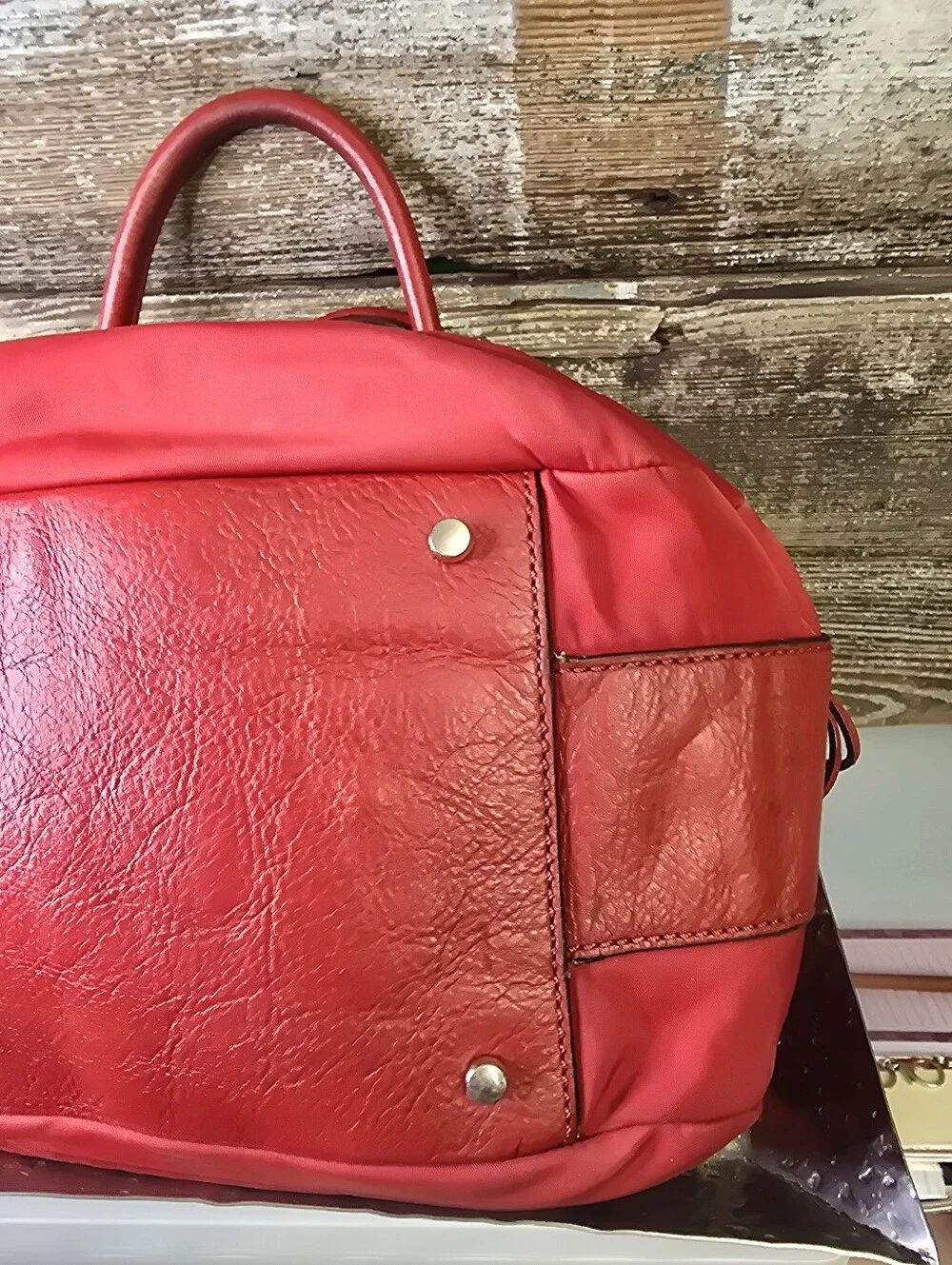 Kate Spade Red Nylon Leather Large Satchel Tote Zebra Scarf
